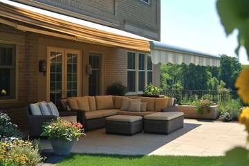 Elegant and Inviting Residential Terrace with Stylish Retractable Awnings for Outdoor Relaxation