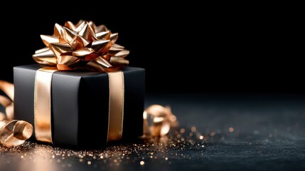 A luxurious black gift box adorned with a shiny golden ribbon and bow, symbolizing celebration and joy, perfect for festive occasions and special moments in life.