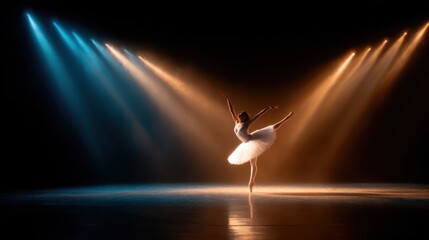 A stunning ballet dancer strikes a graceful pose under dramatic lighting, showcasing elegance and artistry on stage, surrounded by a captivating atmosphere.