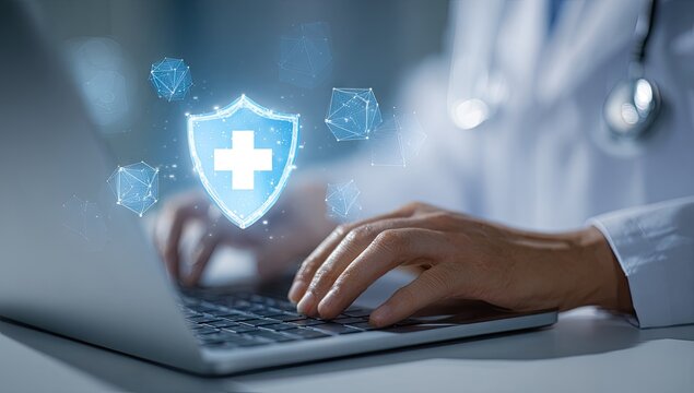Doctor using laptop with digital health insurance shield icon for patient data security.