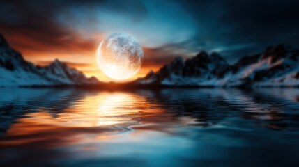 A breathtaking view of a massive moon illuminating the night sky as its reflection glimmers on the calm waters, creating a serene and mystical atmosphere.