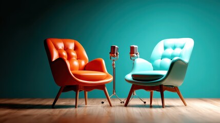 A striking visual of two cozy, colorful chairs and vintage microphones set against a vibrant turquoise backdrop, creating a perfect atmosphere for relaxation and conversation.
