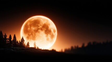 A stunning view of a bright full moon casting an enchanting glow over a tranquil forest landscape, creating an ethereal night atmosphere that's truly captivating.