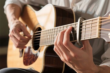 Fototapeta premium Man playing acoustic guitar on stage