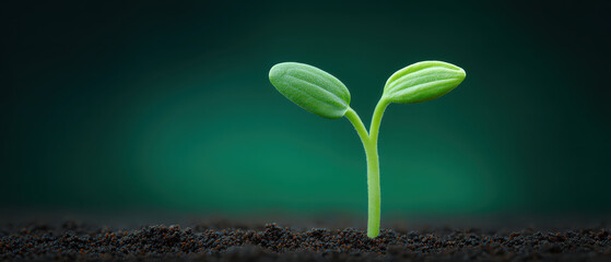Sunflower sprout seedling with two cotyledon leaves in soil, fresh and hopeful