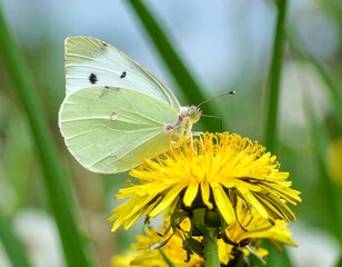 Pale yellow butterfly on dandelion