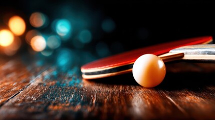 A ping pong paddle and ball on a wooden surface illuminated by soft lights create an atmosphere of excitement, competition, and recreational fun in the world of sports.