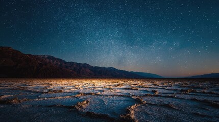 A serene night sky illuminates a vast landscape of desert with stars