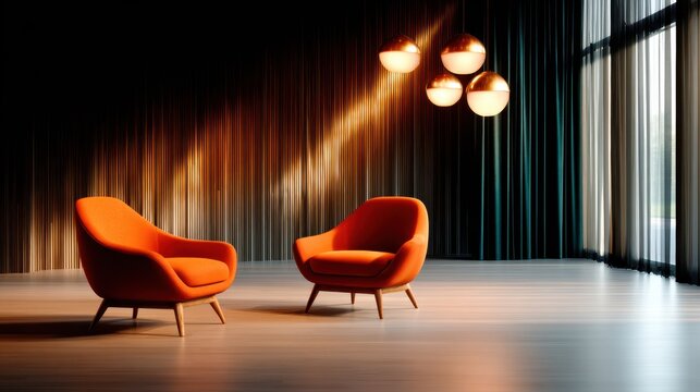 An elegant living room featuring two vibrant orange chairs and soft lighting creates a chic and cozy atmosphere, inviting relaxation and social gatherings in style.