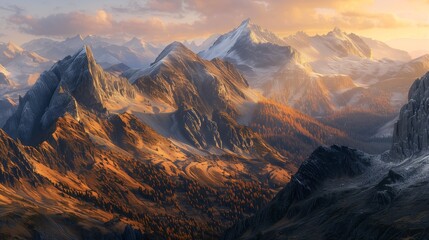 A rugged mountain range at sunrise, the peaks bathed in a warm golden light while the valleys remain in shadow.