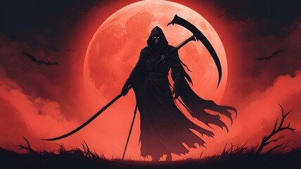 Dark Grim Reaper Figure Silhouette with Red Moon in Horror Style Night Scene