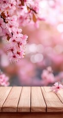 Pink cherry blossoms cascade over a light wooden table