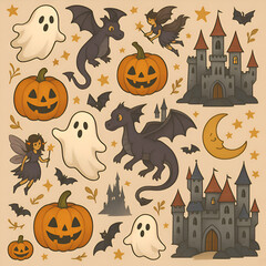Fototapeta premium Halloween themed elements scattered on beige surface create spooky and festive atmosphere with ghosts, pumpkins, dragons, castles, and fairies for holiday celebration.