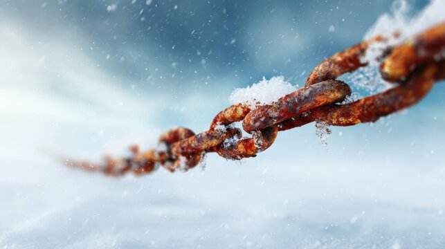 A close-up view of rusty chain links covered with snow, set against a blurred snowy landscape, capturing the contrast of rust and winter scenery beautifully.