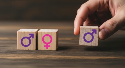 Hand placing a wooden block with a male symbol next to blocks with gender symbols