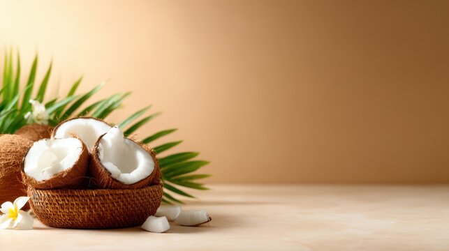 Sliced coconuts display their fresh and inviting flesh accompanied by lush palm leaves, presenting a tropical vibe in a natural setting ideal for summer-themed visuals.