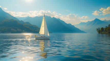 A sailboat gliding across a serene lake, with a backdrop of mountains under a clear summer sky.