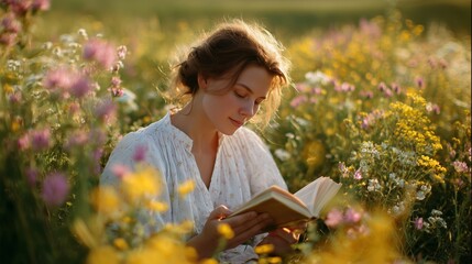 Young woman reading a book among vibrant wildflowers in a sunlit meadow during a serene afternoon