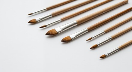 Assortment of artist paintbrushes with wooden handles and metal ferrules, arranged diagonally on a clean white background.