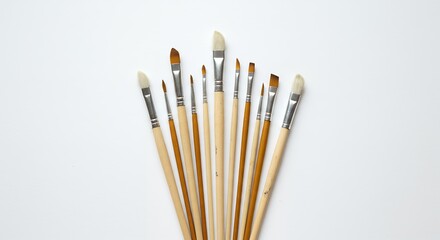 Fototapeta premium Clean artist paintbrushes with wooden handles fanned out on a bright white background, essential creative tools for painting