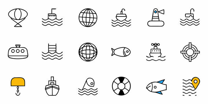 Discover stunning maritime icons featuring submarines, lighthouses, ships, and marine life for your next project.