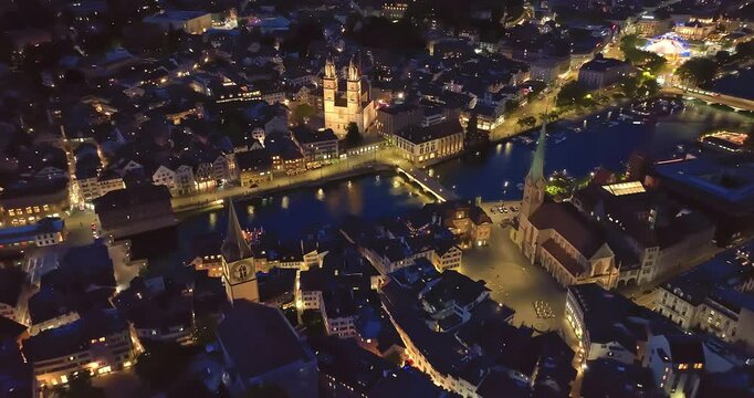 Aerial view of Zurich city with night illuminated. Switzerland