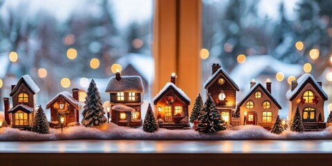 A miniature Christmas village scene is displayed on a windowsill, illuminated by warm, glowing lights. Several small, detailed houses with snowy roofs and lit windows are arranged along a snowy base. 