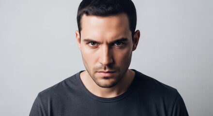 Obraz premium Intense gaze portrait of a young man with a determined expression