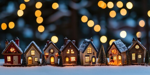 Obraz premium A miniature Christmas village glows warmly against a dark, snowy background. Five quaint, snow-covered houses line up in a row, each adorned with lit windows and festive decorations. Strings of twinkl