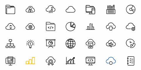 Diverse collection of digital icons representing business, data, and cloud technology for modern projects