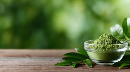 A vibrant green bowl filled with finely ground herb powder, surrounded by fresh leaves, showcases nature&rsquo;s beauty and health benefits, emphasizing organic and natural lifestyles.