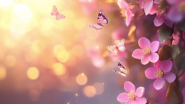 Butterflies flying gracefully amid pink blossoms in a tranquil garden as golden light enhances their vibrant colors