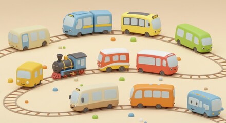 Colorful Toy Trains and Buses on Tracks Playful Scene.