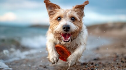 A joyful dog leaping with excitement while catching a frisbee at the beach, showcasing the spirit of playfulness and the joyful bond between pets and their owners.