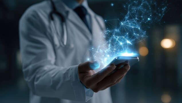 Doctor using futuristic smartphone with glowing digital network for medical data.
