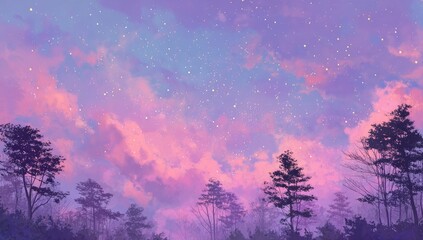 Naklejka premium Silhouetted trees against a vibrant, pastel-colored sunset sky, dotted with stars