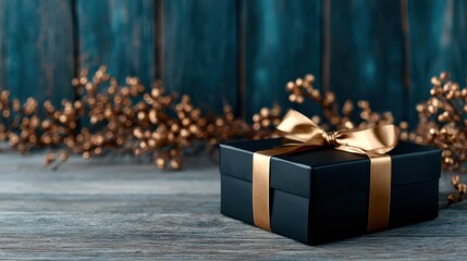 An elegant, black gift box tied with a shiny golden ribbon sits beautifully on a rustic wooden surface, ready to bring joy and surprise to its recipient during a special occasion.