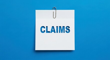 A white paper with the word claims cut out attached with a paperclip on blue background