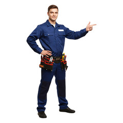 a guy builder in uniform and safety glasses points to the side and smiles on Isolated transparent background png. generated with AI