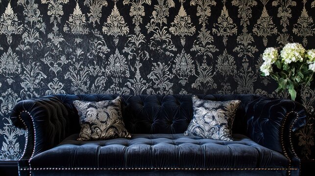 A luxurious velvet sofa is positioned against a dramatic wallpaper featuring a dark, ornate damask pattern with silver accents
