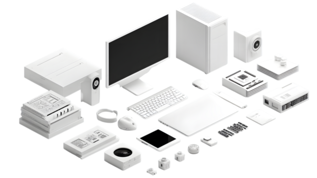 Modern tech gadgets offer sleek digital solutions for a connected lifestyle and seamless workflow isolated on white background