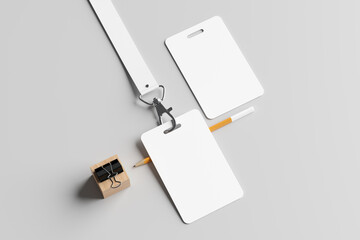 Blank ID card mockup with lanyard on white background. Clear plastic holder for name tag, business pass, or VIP identification. Versatile for events, conferences, or corporate use.