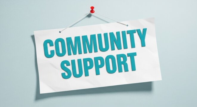 A sign hanging on a wall with the words community support written in blue letters