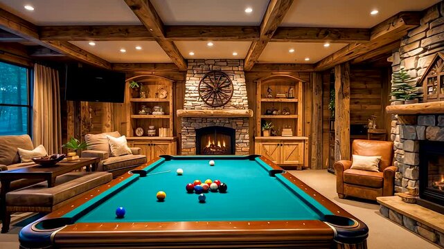 Luxury game room with billiards table and fireplace in elegant wooden interior featuring warm ambient lighting