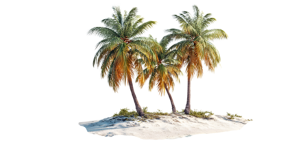 Dreamy tropical island scene with swaying palm trees on pristine white sand, perfect for summer vibes and vacation getaways isolated on white background