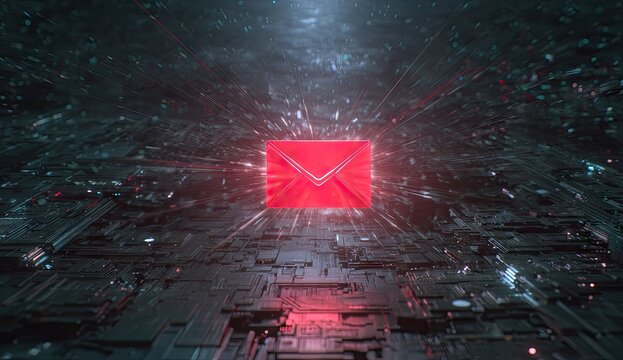 Futuristic digital email icon glowing red in a tech environment.