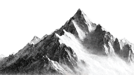 Stippled monochrome drawing of a mountain ridge with rugged slopes and sharp outline, isolated on transparent background.
