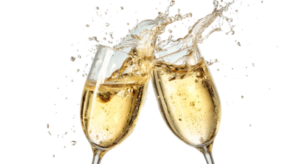 Celebrate with champagne! Two glasses making a celebratory toast with splashing liquid isolated on white background