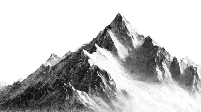 Stippled monochrome drawing of a mountain ridge with rugged slopes and sharp outline, isolated on transparent background.
