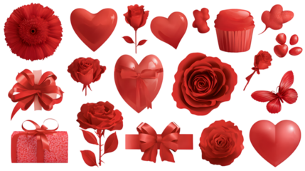 Romantic red collection including hearts, roses, gifts, and sweet treats for Valentine's Day and love themes isolated on white background